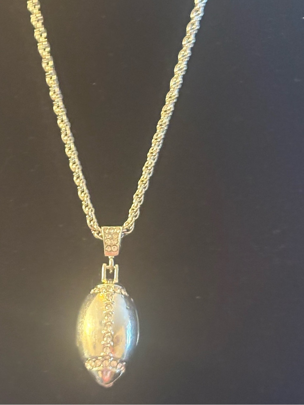 Silver Tone Rope Chain Necklace with Ornate Silver football pendant